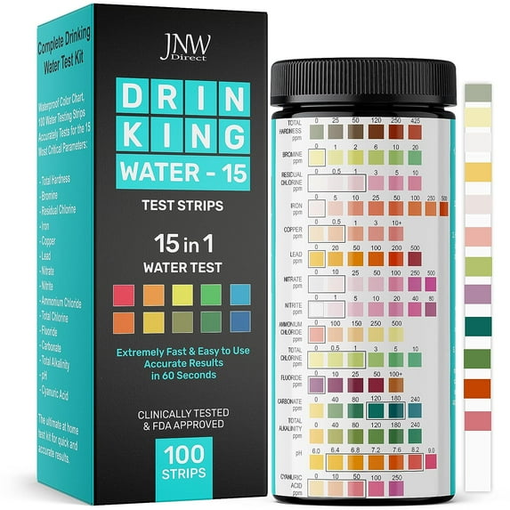 JNW Direct Drinking Water Test Kit - 15-in-1 Chlorine Drinking Water Test Strips - 100 Tests