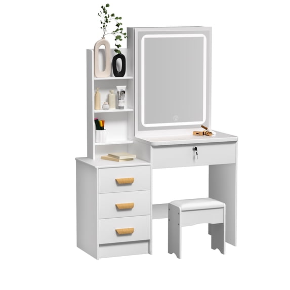 JNXYL Corner Vanity Desk with Lighted Mirror & Charging Station Makeup Vanity Table with 4 Drawer, White