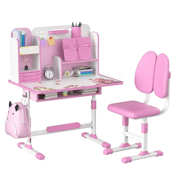 JNXYL Kids Study 2-Piece Adjustable Height Table and Chair Set Easy Clean Pink