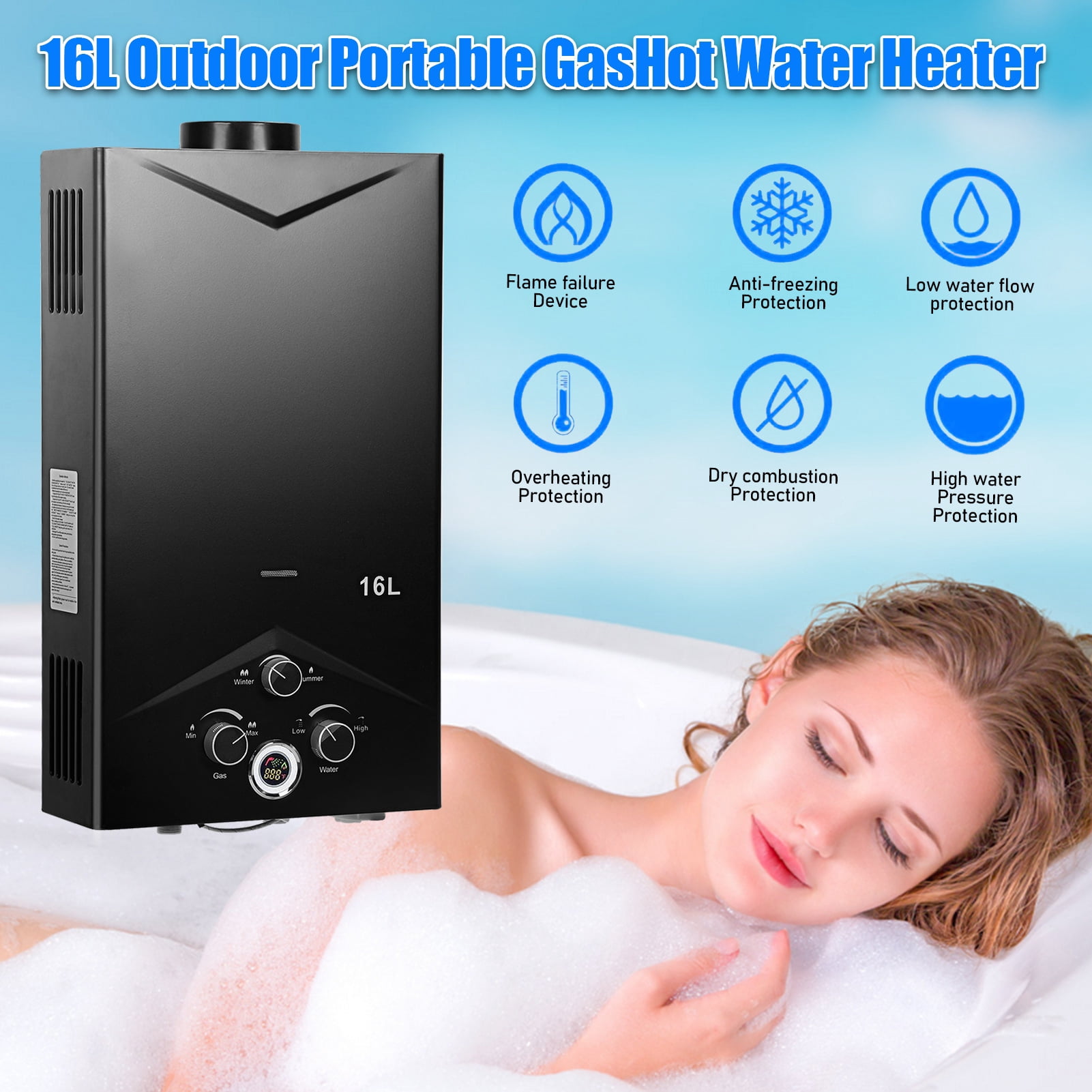 JNXYL Natural Gas Tankless Water Heater, Indoor Max 4.21GPM 16L Instant Hot Water Heater