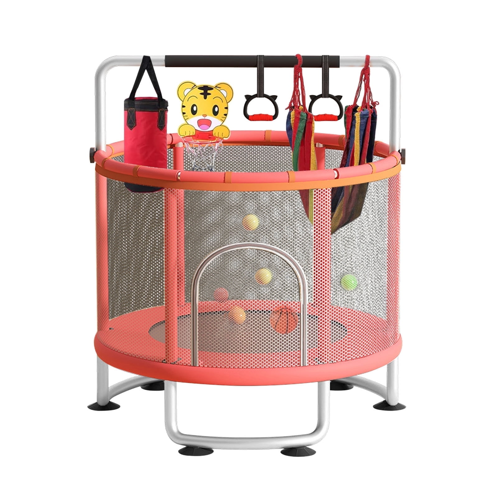 JNXYL Trampoline for Kids, 60'' Toddler Mini Trampoline with Enclosure Net, Basketball Hoop, Indoor/Outdoor Kids Trampoline with Swing, Adjustable Gymnastics Bars, Gifts for Boys & Girls, 440LBS