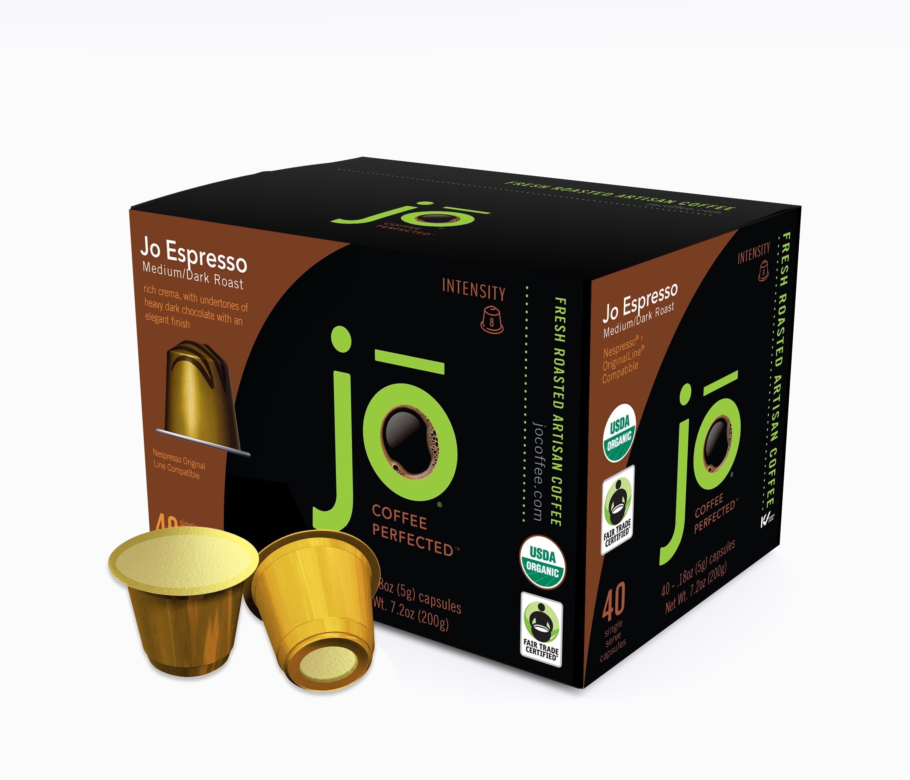 JO ESPRESSO: 40 Organic Nespresso Compatible Pods for Original Line Brewers, Fair Trade Certified, Medium/Dark Italian Roast with Thick Crema, Crafted for Authentic Espresso, Ristretto or Lungo
