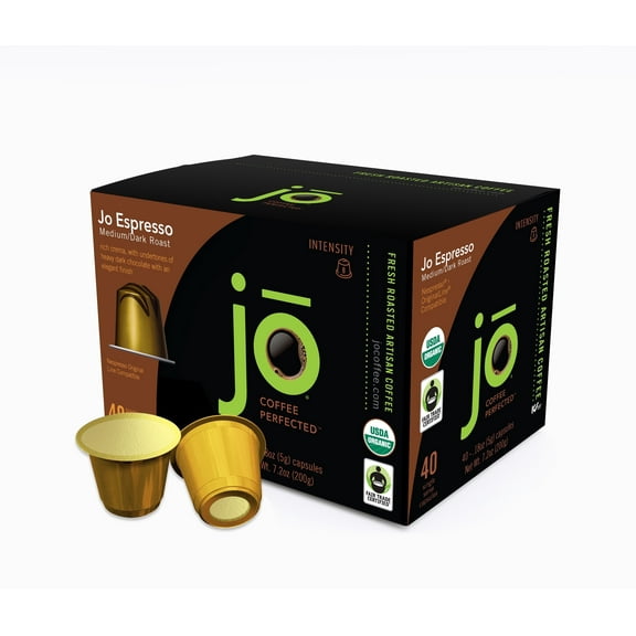 JO ESPRESSO: 40 Organic Nespresso Compatible Pods for Original Line Brewers, Fair Trade Certified, Medium/Dark Italian Roast with Thick Crema, Crafted for Authentic Espresso, Ristretto or Lungo