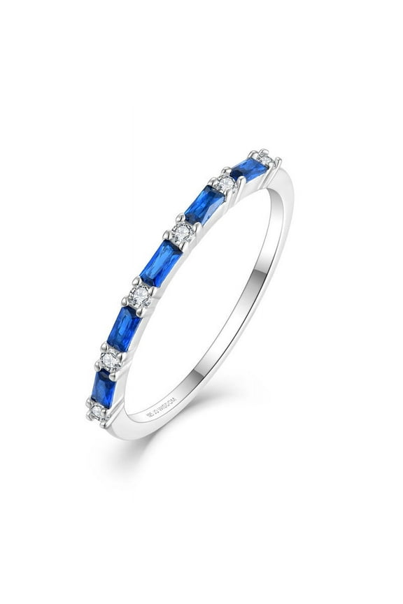 925 Sterling Silver Wedding Band for Women Thin Stacking Ring Half Cubic Zirconia Eternity Engagement Ring Size 10,September Birthstone Sapphire Color