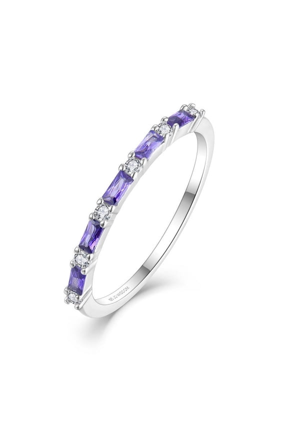 925 Sterling Silver Wedding Band for Women Thin Stacking Ring Half Cubic Zirconia Eternity Engagement Ring Size 7,February Birthstone Amethyst Color