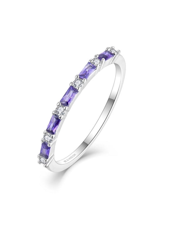925 Sterling Silver Wedding Band for Women Thin Stacking Ring Half Cubic Zirconia Eternity Engagement Ring Size 7,February Birthstone Amethyst Color