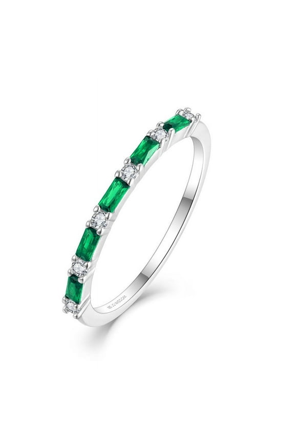 925 Sterling Silver Wedding Band for Women Thin Stacking Ring Half Cubic Zirconia Eternity Engagement Ring Size 7,May Birthstone Emerald Color