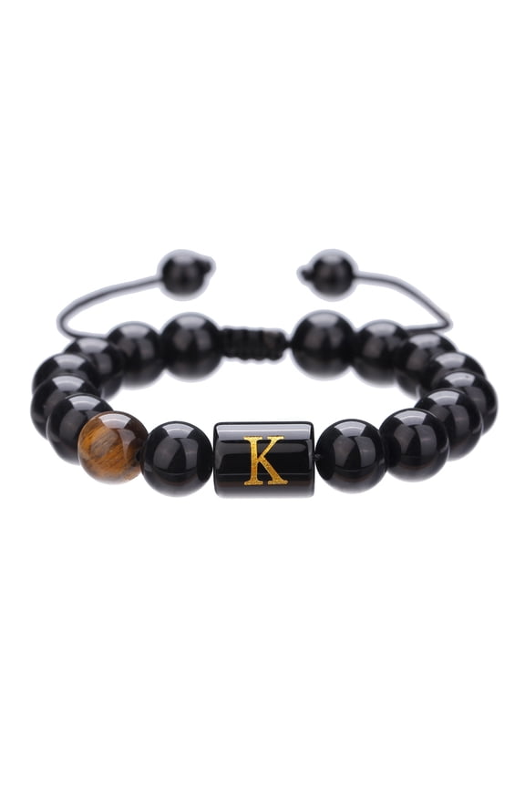 A-Z Initials Bracelets for Men Letter Link Handmade Natural 10MM Black Onyx Tiger Eye Stone Beads Bracelets for Men Initial Mens Bracelet Personalized Gifts,Bracelets for Men Teen Boys