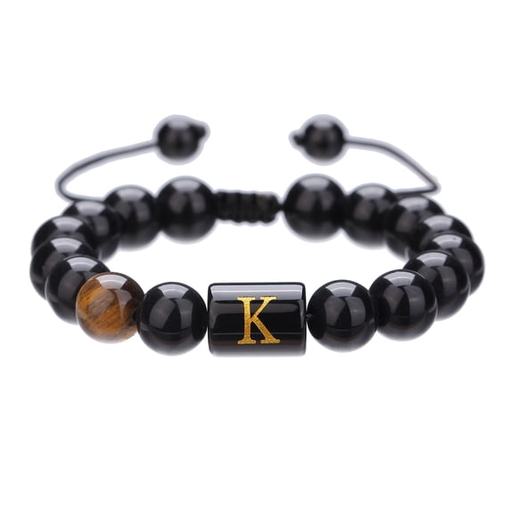 JO WISDOM A-Z Initials Bracelets for Men Letter Link Handmade Natural 10MM Black Onyx Tiger Eye Stone Beads Bracelets for Men Initial Mens Bracelet Personalized Gifts,Bracelets for Men Teen Boys