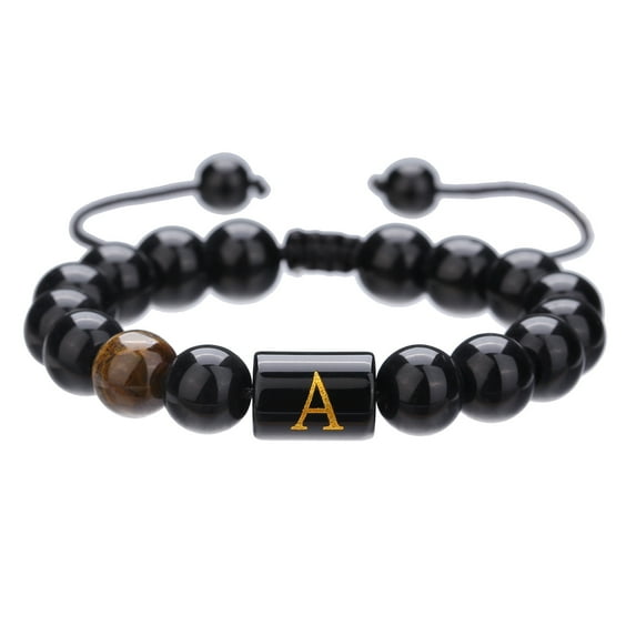 JO WISDOM A-Z Initials Bracelets for Men Letter Link Handmade Natural 10MM Black Onyx Tiger Eye Stone Beads Bracelets for Men Initial Mens Bracelet Personalized Gifts,Bracelets for Men Teen Boys