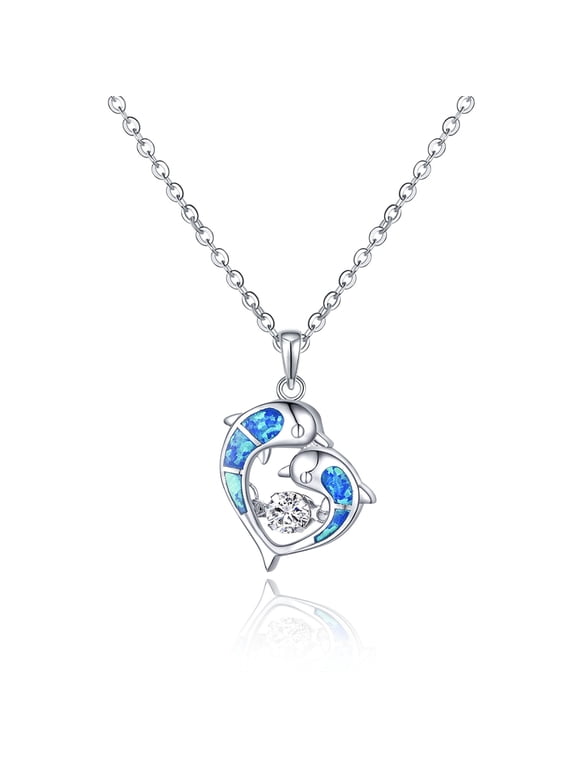 Blue Fire Opal Dolphins/Turtle Necklaces,925 Sterling Silver Dancing Diamond Cubic Zirconia Animal Pendant Necklace