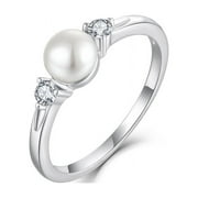 JO WISDOM Pearl Ring,925 Sterling Silver Cubic Zirconia Women's Rings with 7mm White Freshwater Cultured Pearl Ring size 5