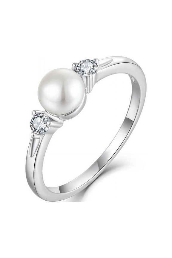 Pearl Ring,925 Sterling Silver Cubic Zirconia Women's Rings with 7mm White Freshwater Cultured Pearl Ring size 7