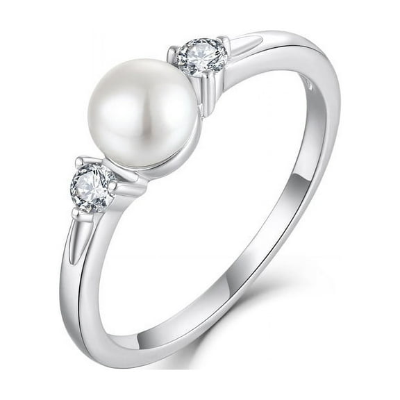 JO WISDOM Pearl Ring,925 Sterling Silver Cubic Zirconia Women's Rings with 7mm White Freshwater Cultured Pearl Ring size 9