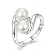 JO WISDOM Pearl Ring,925 Sterling Silver Cubic Zirconia Women's Rings with Two Pearls 7mm White Freshwater Cultured Pearl Ring size 5