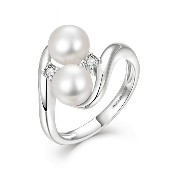 JO WISDOM Pearl Ring,925 Sterling Silver Cubic Zirconia Women's Rings with Two Pearls 7mm White Freshwater Cultured Pearl Ring size 6