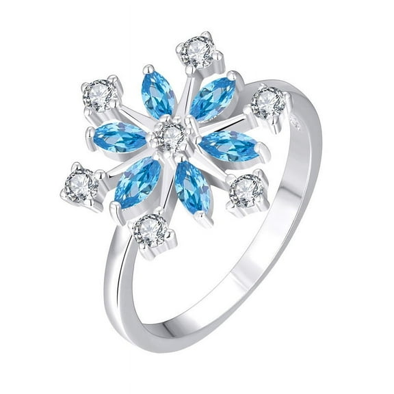 JO WISDOM Snowflake Ring,925 Sterling Silver White/Blue Snowflakes Ring with 3A Cubic Zirconia,Jewelry for Women,Christmas Gifts