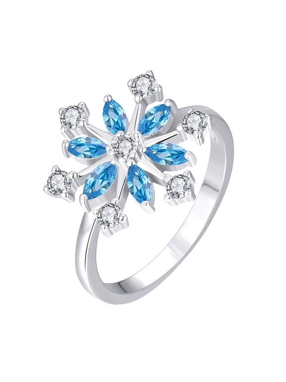 Snowflake Ring,925 Sterling Silver White/Blue Snowflakes Ring with 3A Cubic Zirconia,Jewelry for Women,Christmas Gifts