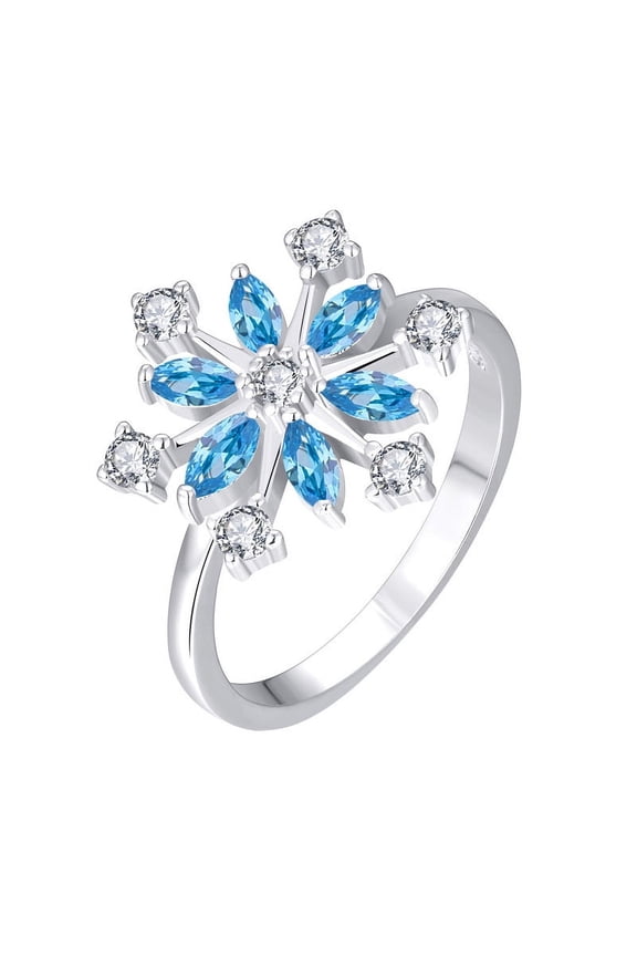 Snowflake Ring,925 Sterling Silver White/Blue Snowflakes Ring with 3A Cubic Zirconia,Jewelry for Women,Christmas Gifts