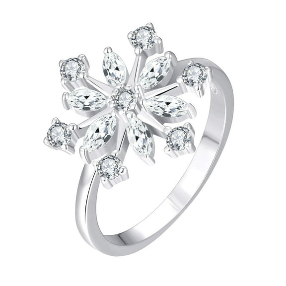 JO WISDOM Snowflake Ring,925 Sterling Silver White/Blue Snowflakes Ring with 3A Cubic Zirconia,Jewelry for Women,Christmas Gifts