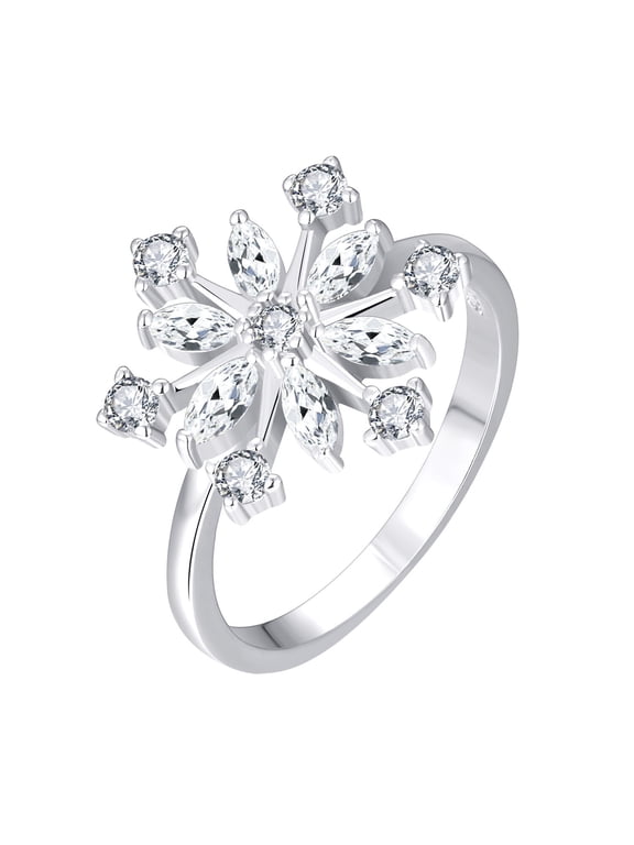 Snowflake Ring,925 Sterling Silver White/Blue Snowflakes Ring with 3A Cubic Zirconia,Jewelry for Women,Christmas Gifts