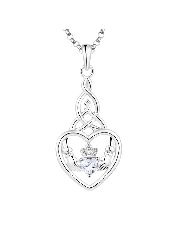 Women Necklace,925 Sterling Silver Irish Celtic Claddagh Love Heart Pendant Necklace with 5A Cubic Zirconia