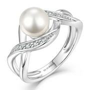 JO WISDOM Women Pearl Ring,925 Sterling Silver Cubic Zirconia Infinity Pearl Ring with 7mm Round White Pearl Ring