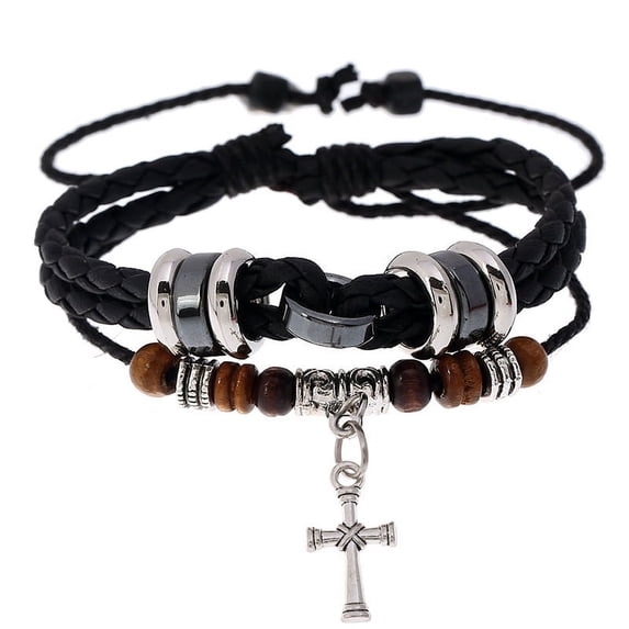 JO Wisdom Men Women Leather Bracelets Layered Leather Wristbands Cuffs Stainless Steel Clasp Men Women Marine Anchor Sailing Rope Black Braided Leather Bracelet Leather Wristband Wrap
