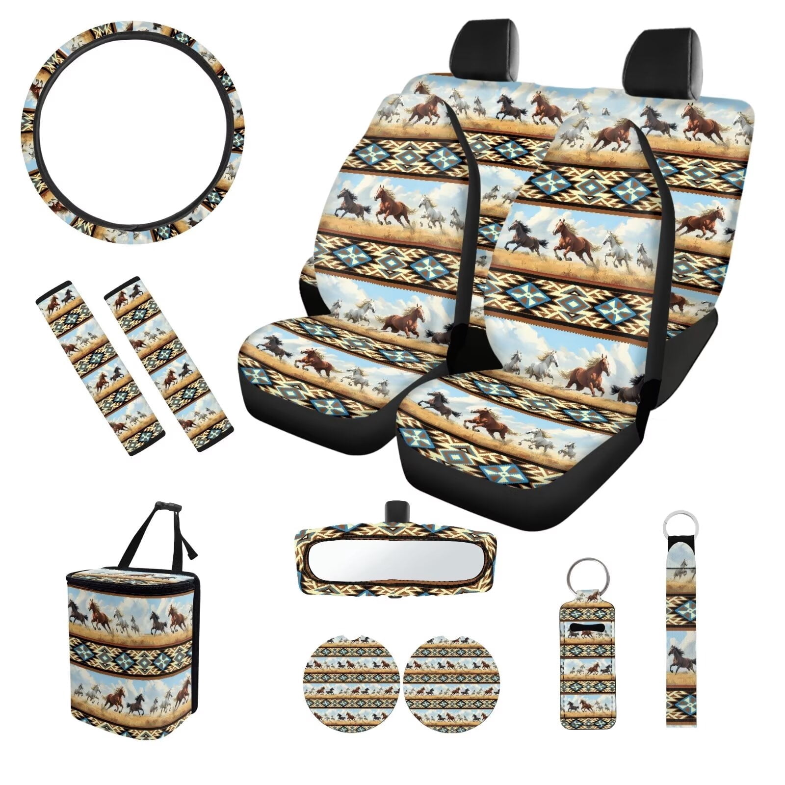 JOAIFO Boho Car Seat Cover Full Set for Women, Universal Car Seat Cover, Horse Steering Wheel Cover, Aztec Car Decor, Rear View Mirror Accessories
