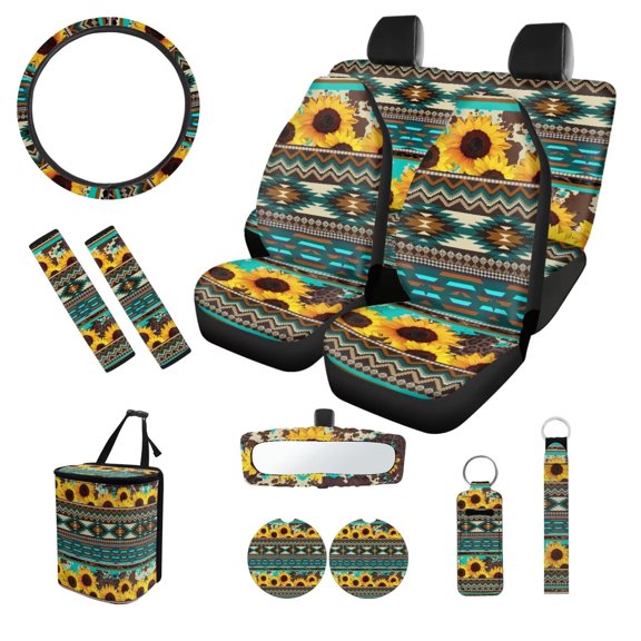 JOAIFO Boho Car Seat Covers Full Set of 13 Pack Sunflower Car Accessories Steering Wheel Cover Front Rear Seat Cover Seat Belt Cover Cup Holder Keychains Wrist Strap for Cars SUV