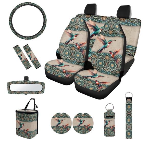 JOAIFO Boho Car Seat Covers Full Set, Hummingbird Car Seat Cover Steering Wheel Cover Car Keychains 13-Piece Auto Interior Sets