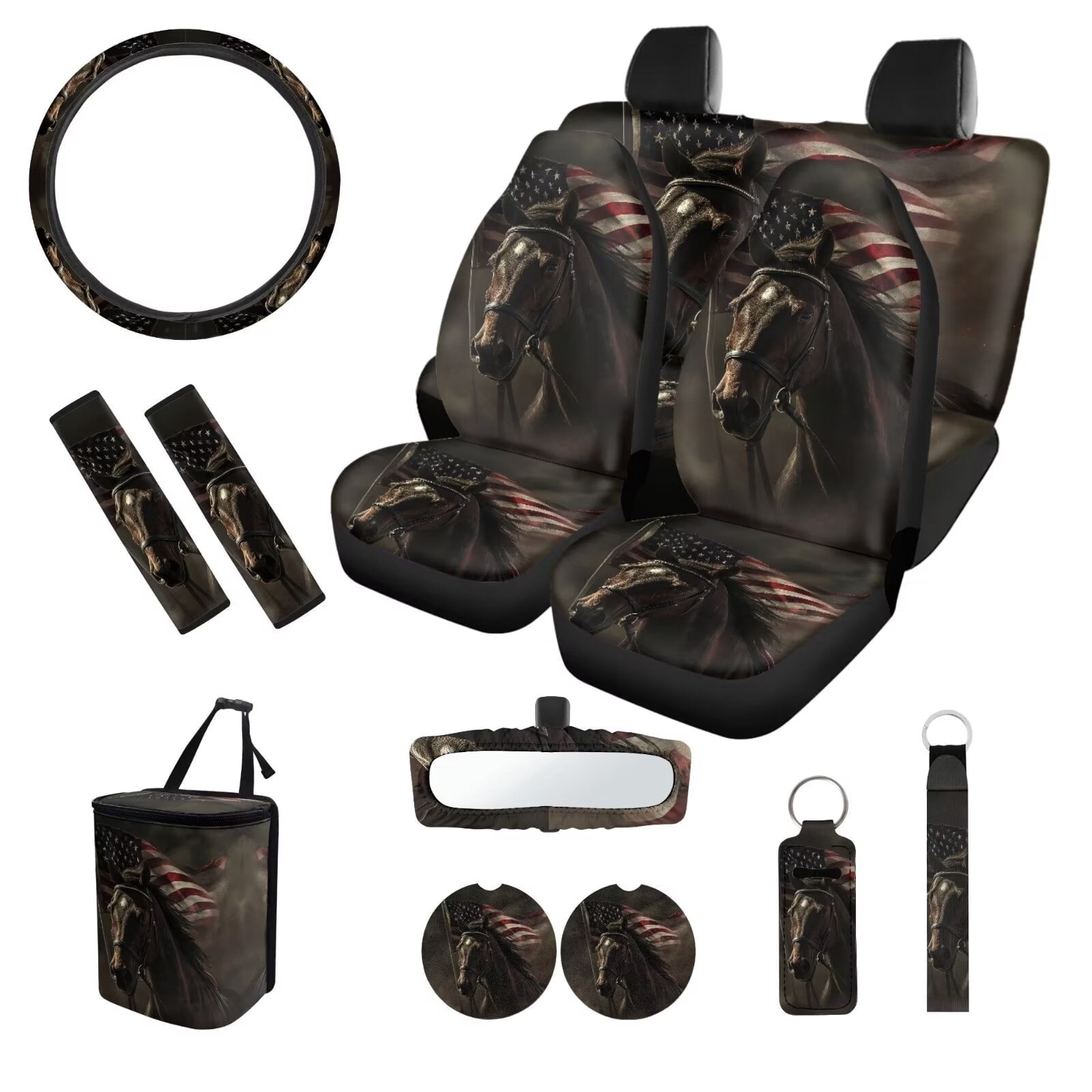 JOAIFO Boho Horse Car Seat Covers Full Set with Steering Wheel Cover American Flag Car Decor Black Car Essentials for Women Men Front Seat Covers Back Seat Organizer
