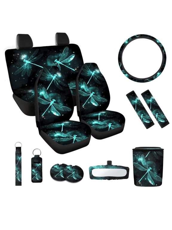 JOAIFO Dragonfly Car Seat Covers Full Set for Women Vehicle Seat Cover Interior Sets Decorative Girly Bench Seat Covers Front and Backseat with Matching Steering Wheel Cover