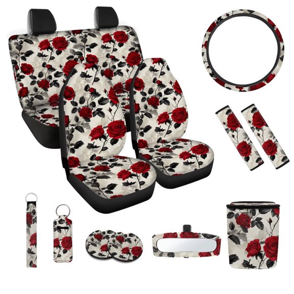 JOAIFO Rose Red Car Seat Covers Front and Back Seats Steering Wheel Cover Women Set Seatbelt Pads Keychains Coaster Rear View Mirror Cover Accessories