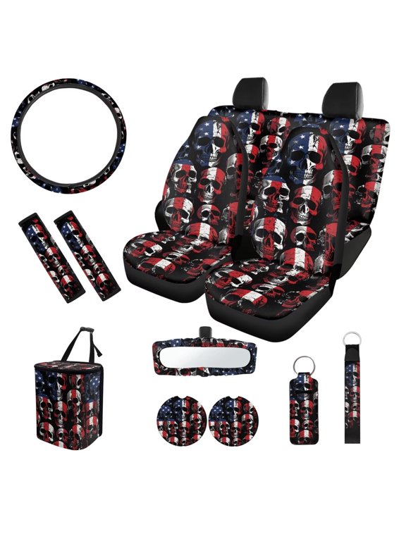 JOAIFO Skull Car Seat Protector American Flag Car Accessories Set Car Essentials for Women Truck Seat Covers Steering Wheel Cover, Seatbelt Pads, Coasters