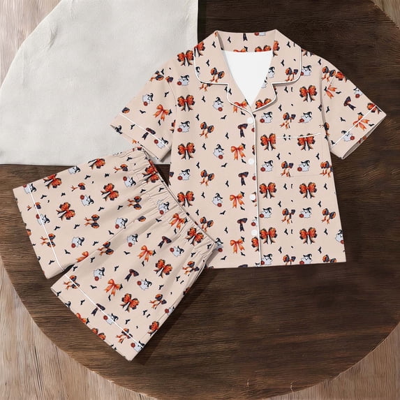 JOANKDMI 2 Piece Girls Halloween Pajama Set Cute Ghost Ribbon Graphic Sleepwear Button Front Short Sleeve Top and Shorts Soft Daily Nightwear for Toddler, 5Y-14Y