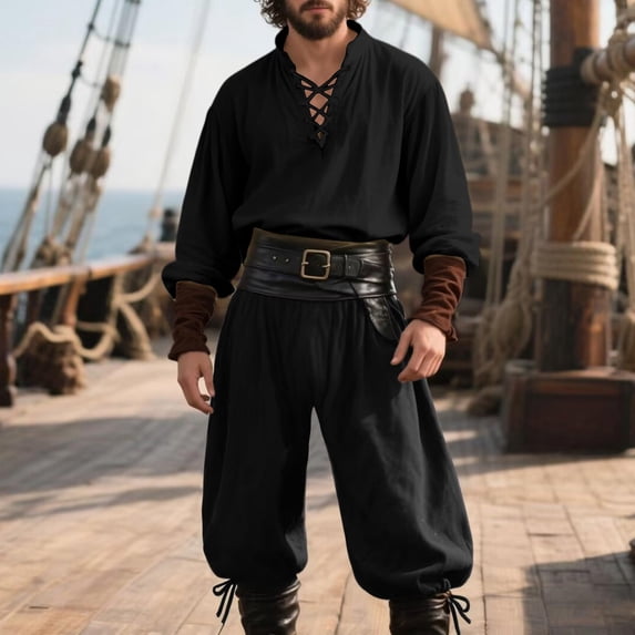 JOANKDMI 2 Piece Mens Renaissance Medieval Costume Lace Up Henley Shirt and Jogger Loose Fit Pants Halloween Pirate Role Play Theatrical Casual Outfit Set