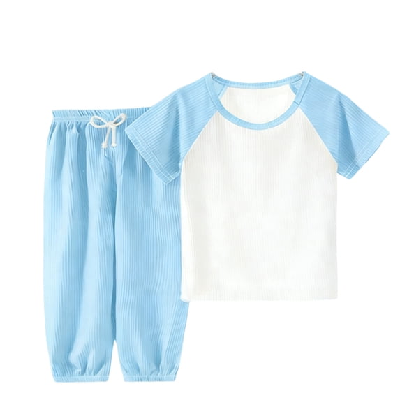 JOANKDMI 2 Piece Pjs Toddler Boys Girls Casual Outfits Short Sleeve Raglan Top and Ribbed Pants Set with Drawstring Lightweight Pj Lounge Wear Kids Summer Fall Clothes