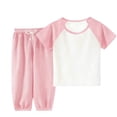 thumbnail image 1 of JOANKDMI 2 Piece Pjs Toddler Boys Girls Casual Outfits Short Sleeve Raglan Top and Ribbed Pants Set with Drawstring Lightweight Pj Lounge Wear Kids Summer Fall Clothes, 1 of 6