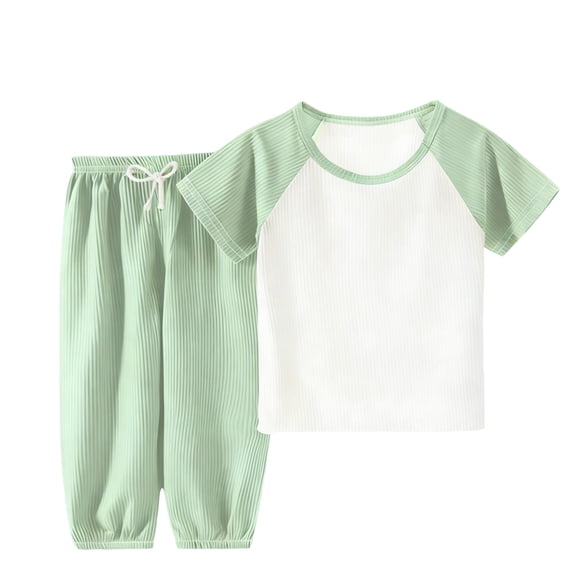 JOANKDMI 2 Piece Pjs Toddler Boys Girls Casual Outfits Short Sleeve Raglan Top and Ribbed Pants Set with Drawstring Lightweight Pj Lounge Wear Kids Summer Fall Clothes