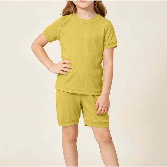 JOANKDMI 2 Piece Set Girls Casual Shorts Set Ribbed Knit Crewneck Short Sleeve Tee and Elastic Waist Shorts Soft Breathable Comfy Summer Outfits Playwear Loungewear, 3T-4T