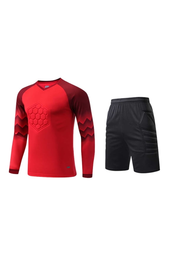 2 Piece Tween Boys Goalkeeper Uniform Sets Padded Long Sleeve V Neck Athletic Top and Padded Shorts Outfits Stretch Activewear for Soccer Training Paintball Contact Sports