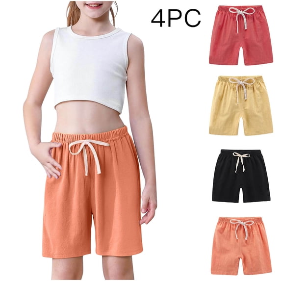 JOANKDMI 4-Pack Toddler Boys Girls Cotton Linen Shorts Casual Summer Elastic Waist Drawstring Play Shorts Lightweight Breathable Kids Lounge Clothes for Little Kids