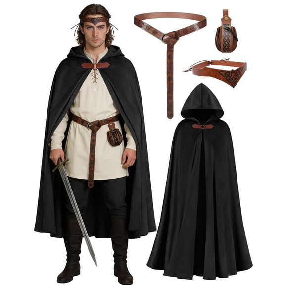JOANKDMI 4 Piece Fantasy Medieval Blue Velvet Hooded Cloak Costume Set for Men with Triskele Pattern Belt Bracer Pouch for LARP Celtic Viking Cosplay