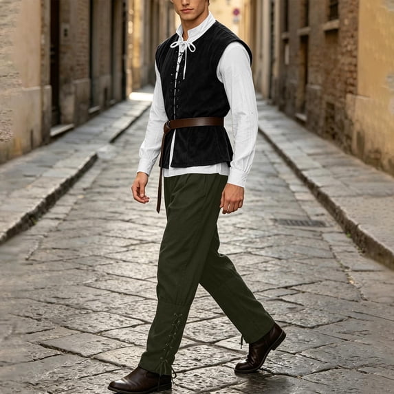JOANKDMI 4 Piece Mens Medieval Renaissance Role Play Costume Lace Up Vest Jacket Long Sleeve Shirt and Straight Leg Loose Fit Pants with Matching Belt Halloween Pirate Outfit Set