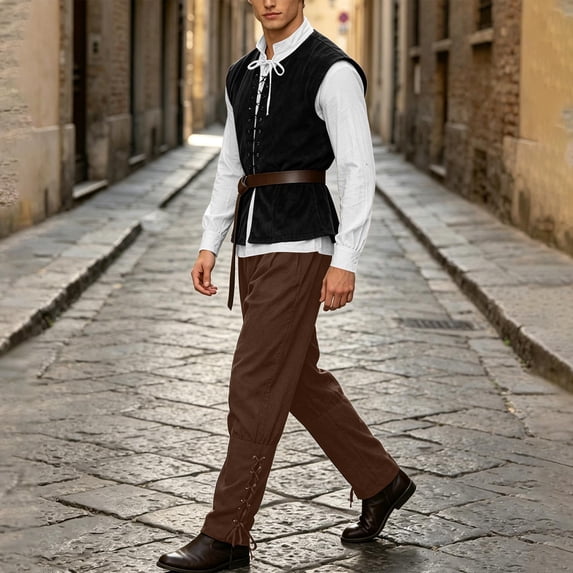 JOANKDMI 4 Piece Mens Medieval Renaissance Role Play Costume Lace Up Vest Jacket Long Sleeve Shirt and Straight Leg Loose Fit Pants with Matching Belt Halloween Pirate Outfit Set