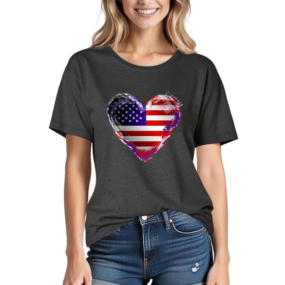 JOANKDMI 4th of July Womens Tops Cute Cotton American Flag Crewneck Short Sleeve Relaxed Fit Tops Memorial Day Patriotic T Shirts
