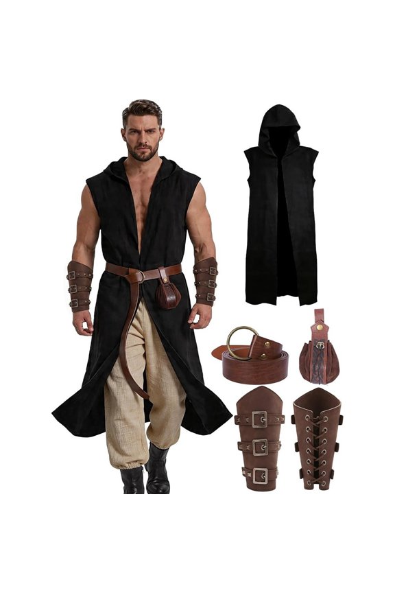 5 Piece Men's Hooded Sleeveless Long Vest Renaissance Cosplay Tunic Open Front Maxi Cardigan Medieval Knight Robe for Halloween LARP Steampunk Costume Outfit