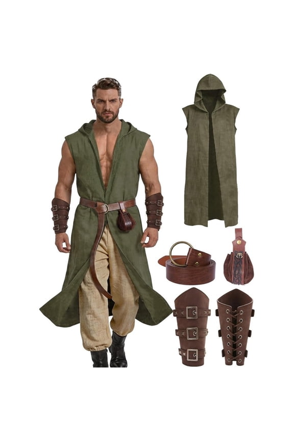 5 Piece Men's Hooded Sleeveless Long Vest Renaissance Cosplay Tunic Open Front Maxi Cardigan Medieval Knight Robe for Halloween LARP Steampunk Costume Outfit