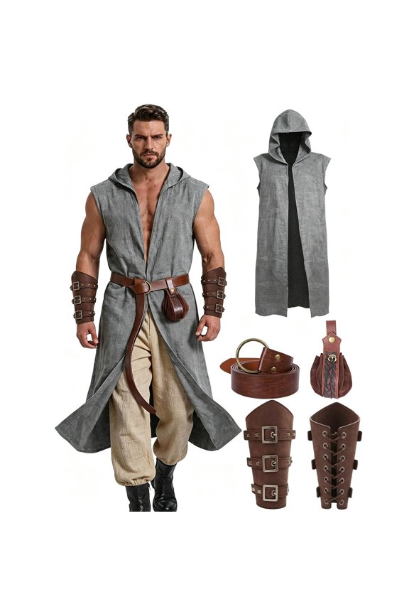 5 Piece Men's Hooded Sleeveless Long Vest Renaissance Cosplay Tunic Open Front Maxi Cardigan Medieval Knight Robe for Halloween LARP Steampunk Costume Outfit